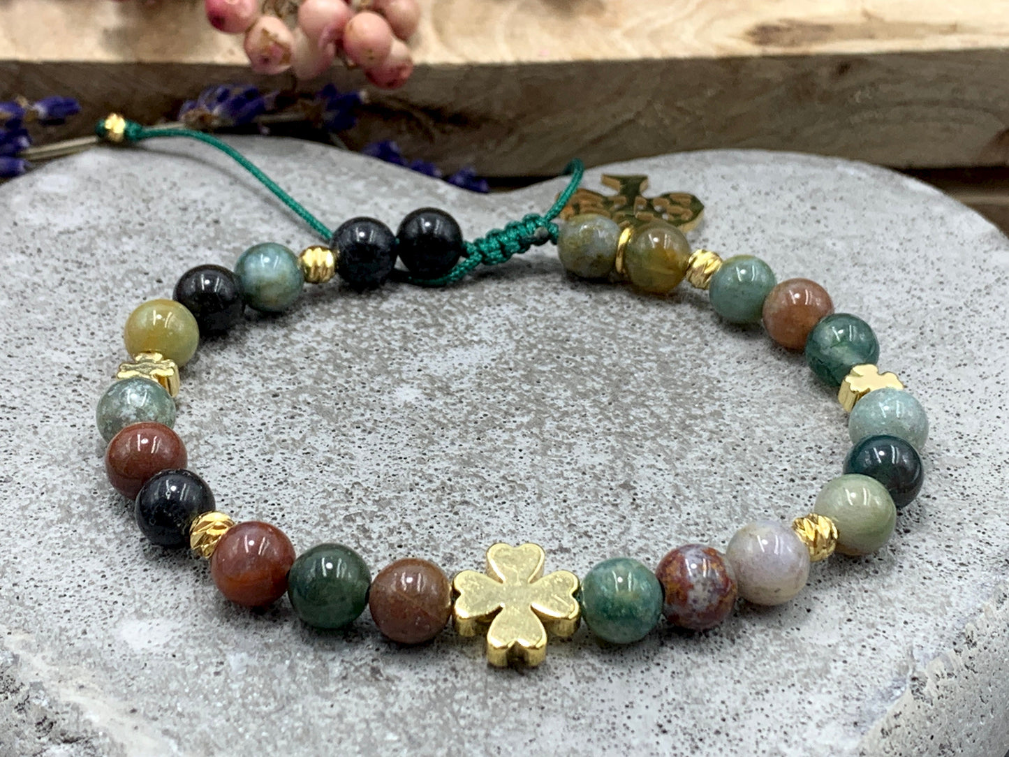 Armband Indischer Achat Glücksklee Messing Vergoldet Makramee - Perlenarmband Natursteine echt - Geschenk Lieblingsmensch beste Freundin