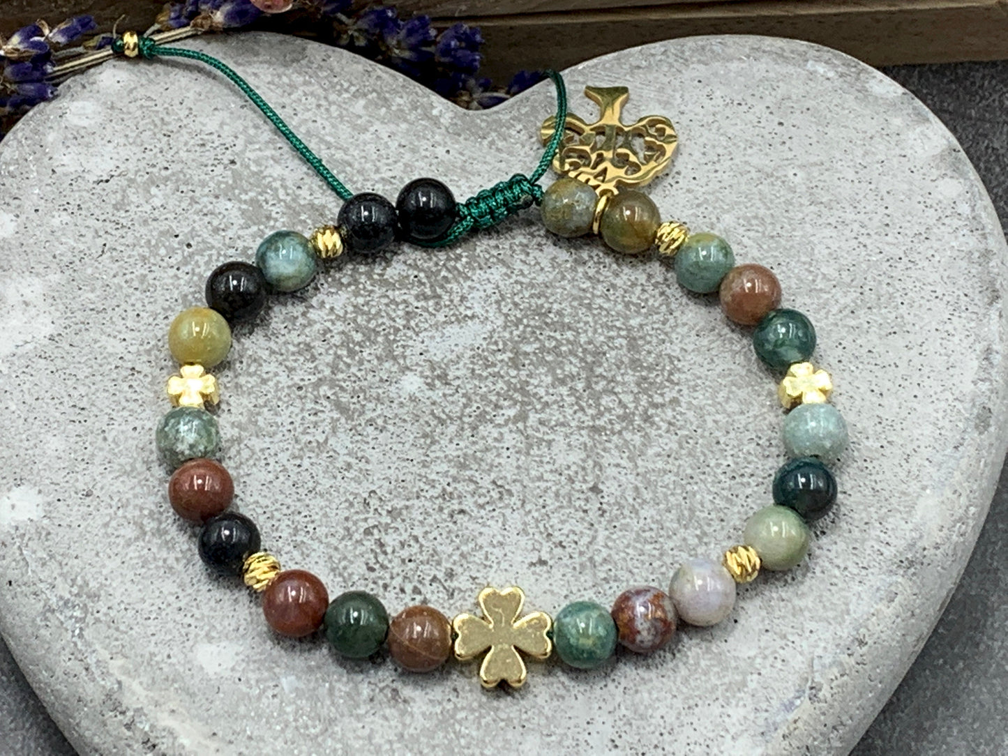 Armband Indischer Achat Glücksklee Messing Vergoldet Makramee - Perlenarmband Natursteine echt - Geschenk Lieblingsmensch beste Freundin
