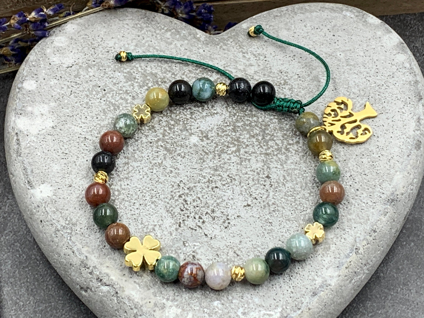 Armband Indischer Achat Glücksklee Messing Vergoldet Makramee - Perlenarmband Natursteine echt - Geschenk Lieblingsmensch beste Freundin