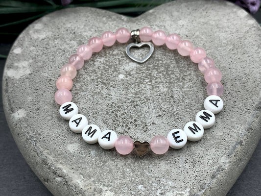 Armband Rosenquarz Mama und Kindername Herz echt platiniert - Geschenk Schwangerschaft Baby Geburt Mädchenarmband - personalisierbar
