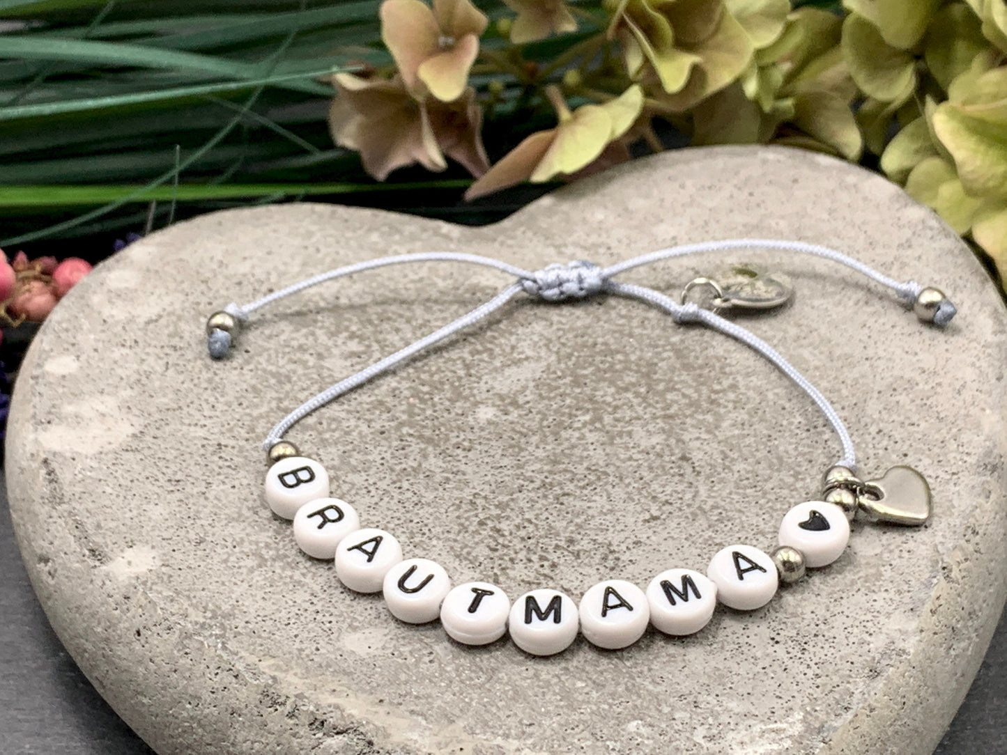 Armband Makramee Brautmama Silbergrau Perlen Edelstahl - Größe einstellbar - Geschenk Bräutigammutter JGA heiraten Trauzeugin - viele Farben
