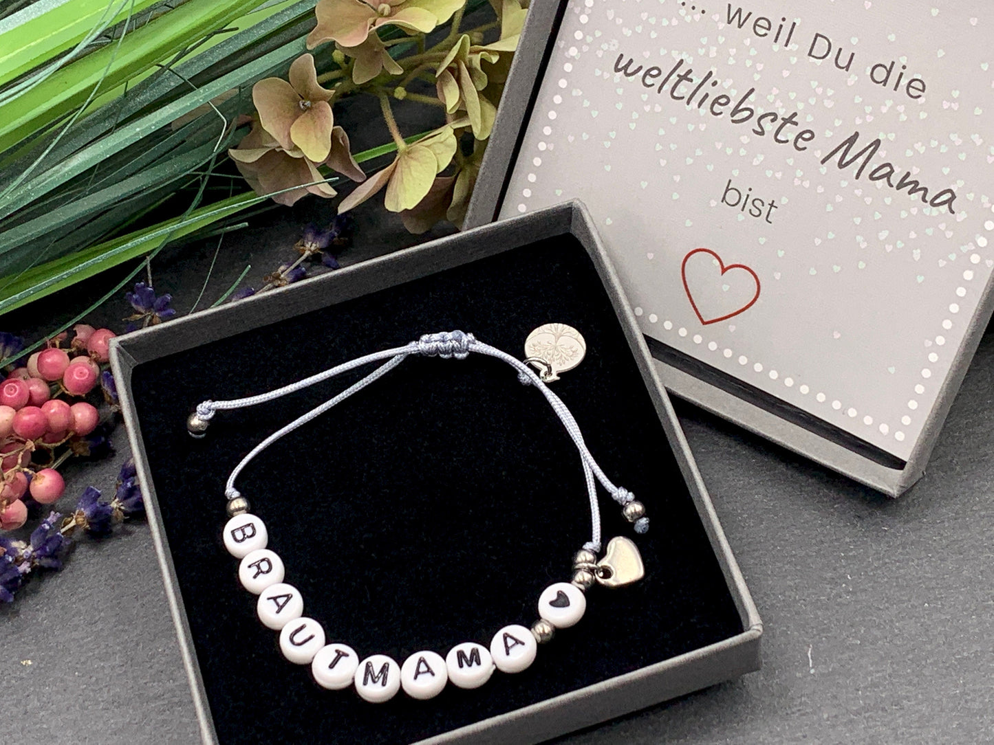 Armband Makramee Brautmama Silbergrau Perlen Edelstahl - Größe einstellbar - Geschenk Bräutigammutter JGA heiraten Trauzeugin - viele Farben