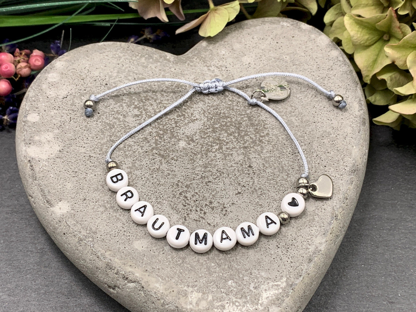 Armband Makramee Brautmama Silbergrau Perlen Edelstahl - Größe einstellbar - Geschenk Bräutigammutter JGA heiraten Trauzeugin - viele Farben