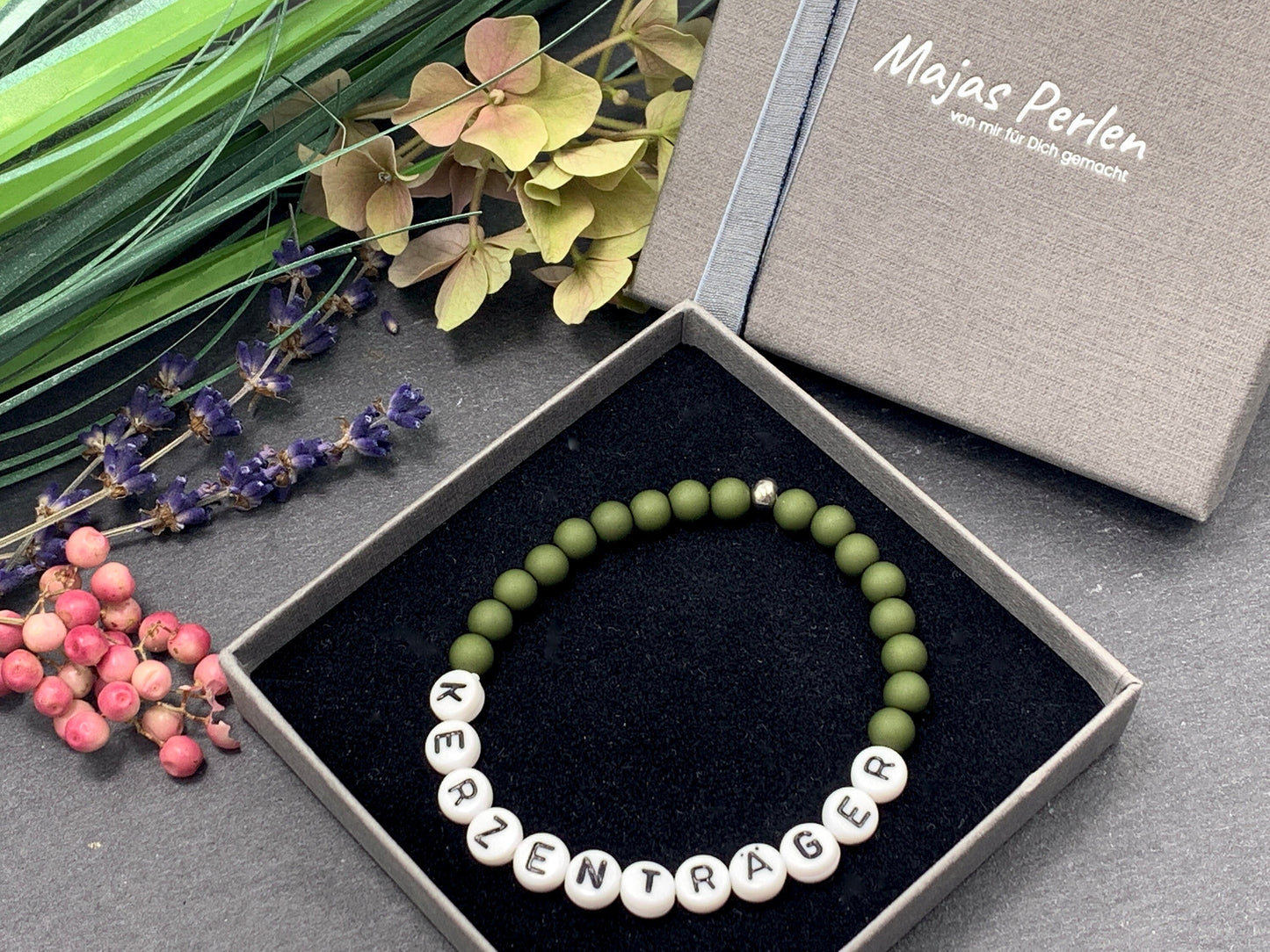Armband Kerzenträger Acryl Oliv - Perlen 6 mm - Geschenk Kerzenkind Blumenkind - rund um Hochzeit - viele Farben - alle Größen - handmade