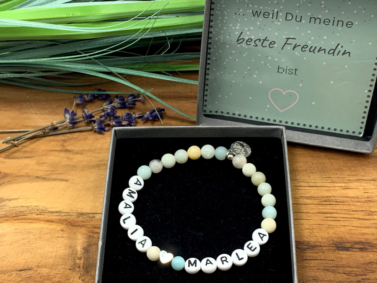 Armband Namen der Kinder Amazonit Herz platiniert -  Namensarmband Geschenk zur Geburt oder Taufe -  personalisierbar diverse Edelsteine Edelstein nach Wahl - Handmade personalisierbar