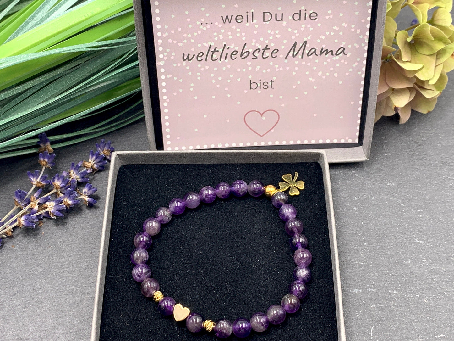 Perlenarmband Amethyst echt 6mm - Herz Vergoldet - spirituelles Armband Schutz Klarheit Konzentration - Geschenk Mama Lieblingsmensch Liebe