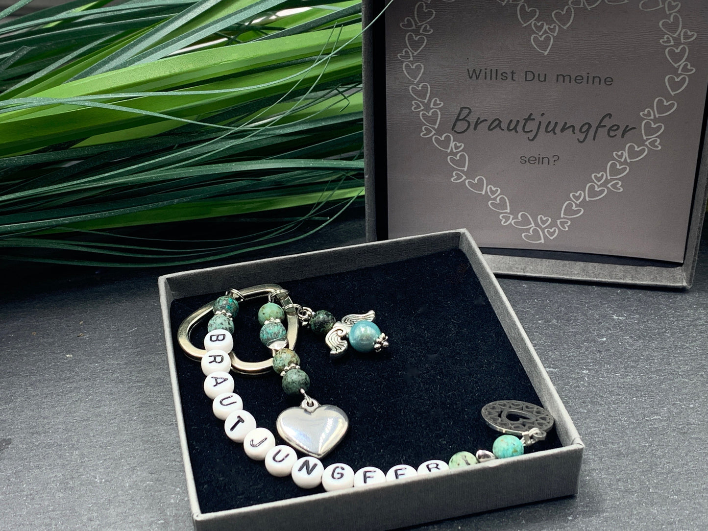 Schlüsselanhänger Brautjungfer Afrikanischer Türkis echt - Herzen Platiniert  - Geschenk Trauzeugin JGA Team Braut - Edelstein wählbar