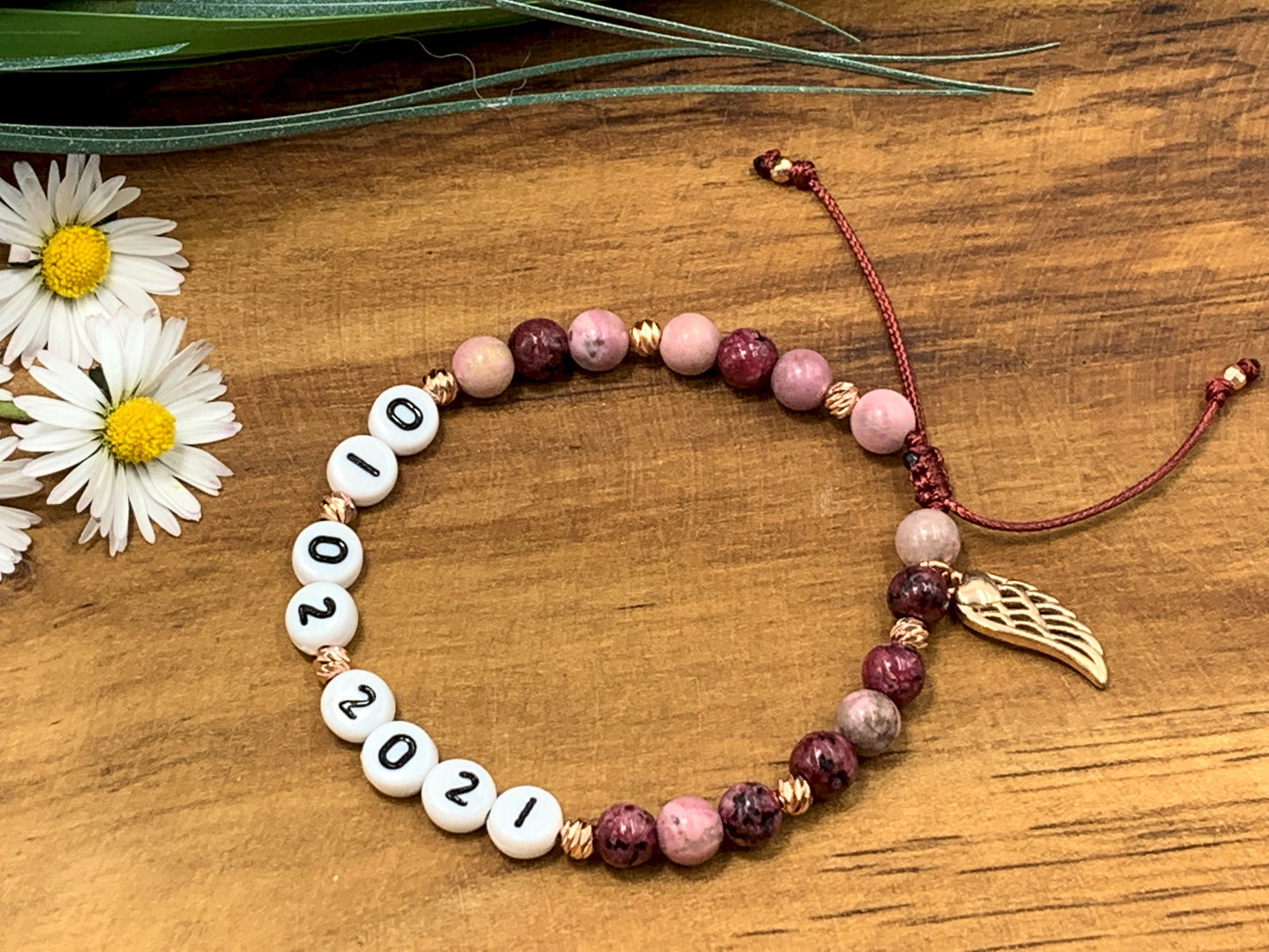 Perlenarmband Rhodonit Achat Makramee Perlen Roségold Vergoldet - Wunschdatum Andenken an wichtiges Datum Geschenk Geburt Hochzeit Liebe