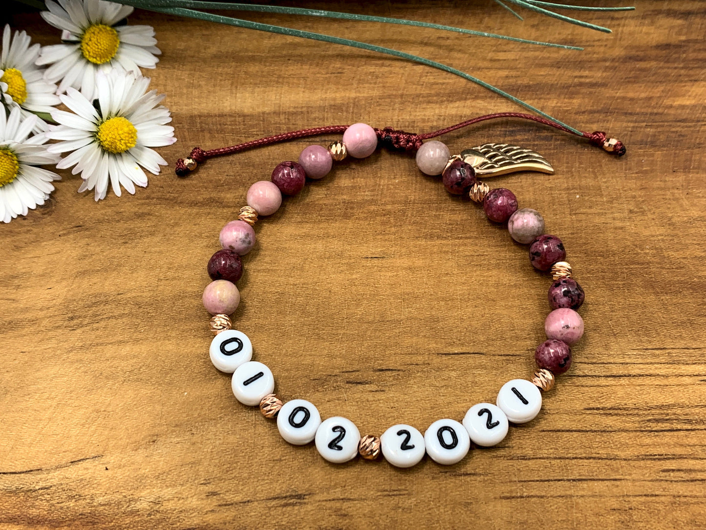 Perlenarmband Rhodonit Achat Makramee Perlen Roségold Vergoldet - Wunschdatum Andenken an wichtiges Datum Geschenk Geburt Hochzeit Liebe