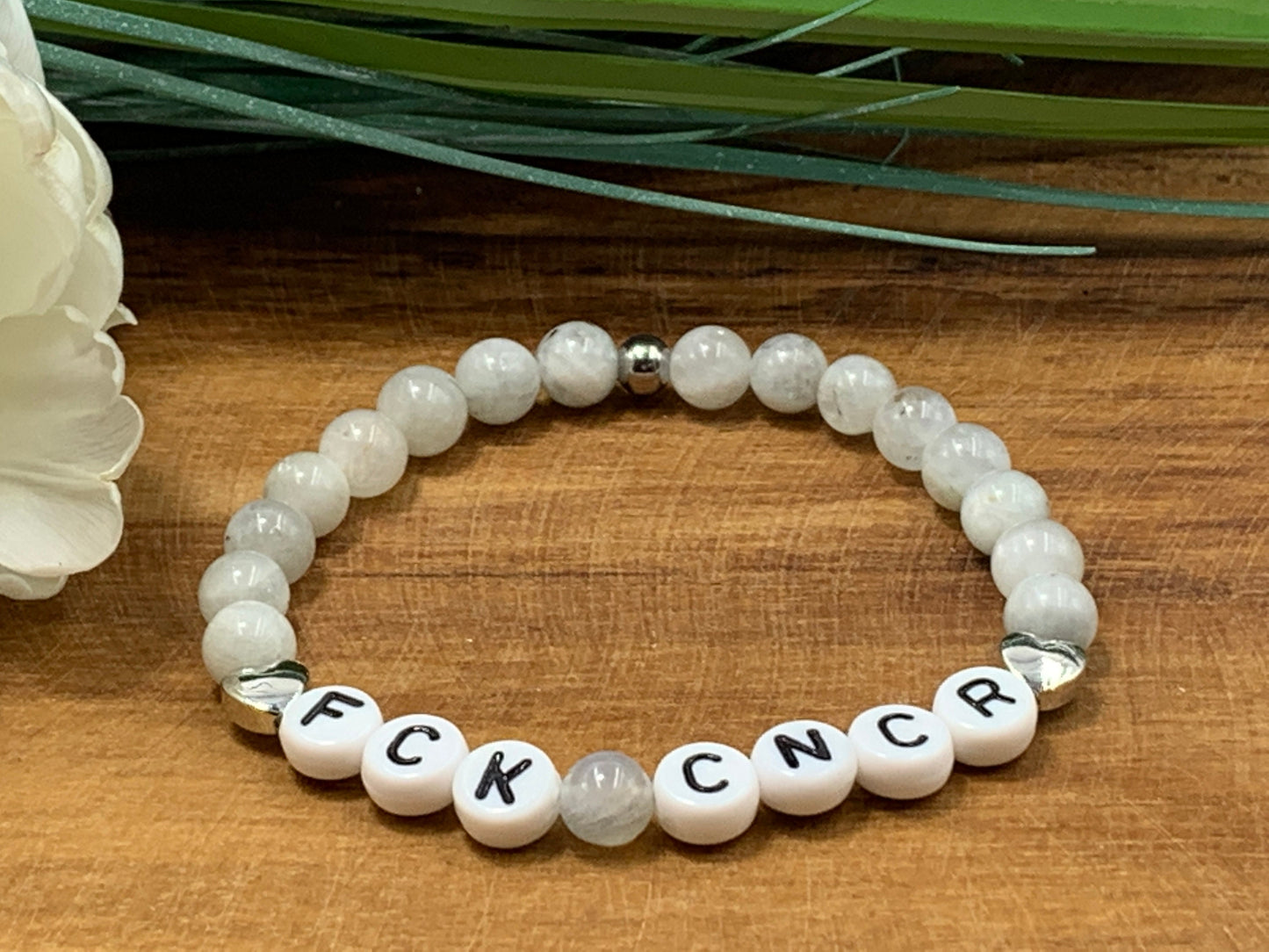 Armband Fuck Cancer Mondstein Herz Platiniert - Geschenk Aufmunterung Diagnose Krebs Schutzstein Genesungswunsch - viele Edelsteine