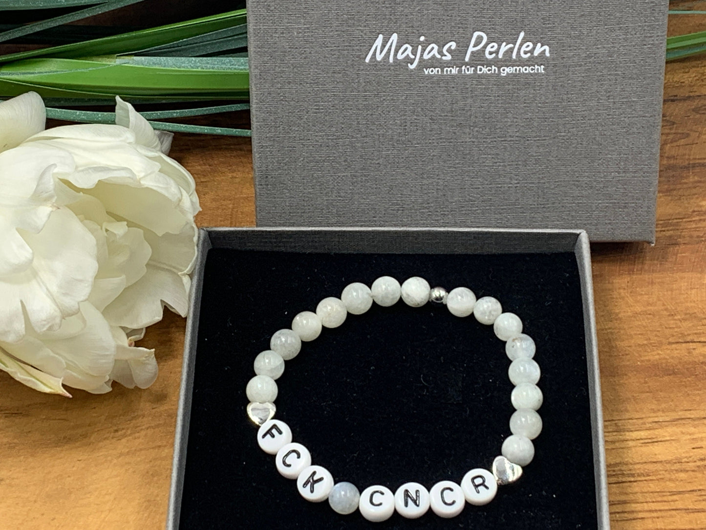 Armband Fuck Cancer Mondstein Herz Platiniert - Geschenk Aufmunterung Diagnose Krebs Schutzstein Genesungswunsch - viele Edelsteine