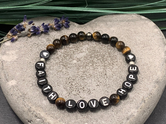 Armband Tigerauge Faith Love Hope - echte Natursteine - Perlenarmband Geschenk Lieblingsmensch Freundschaft Liebe Glück - personalisierbar