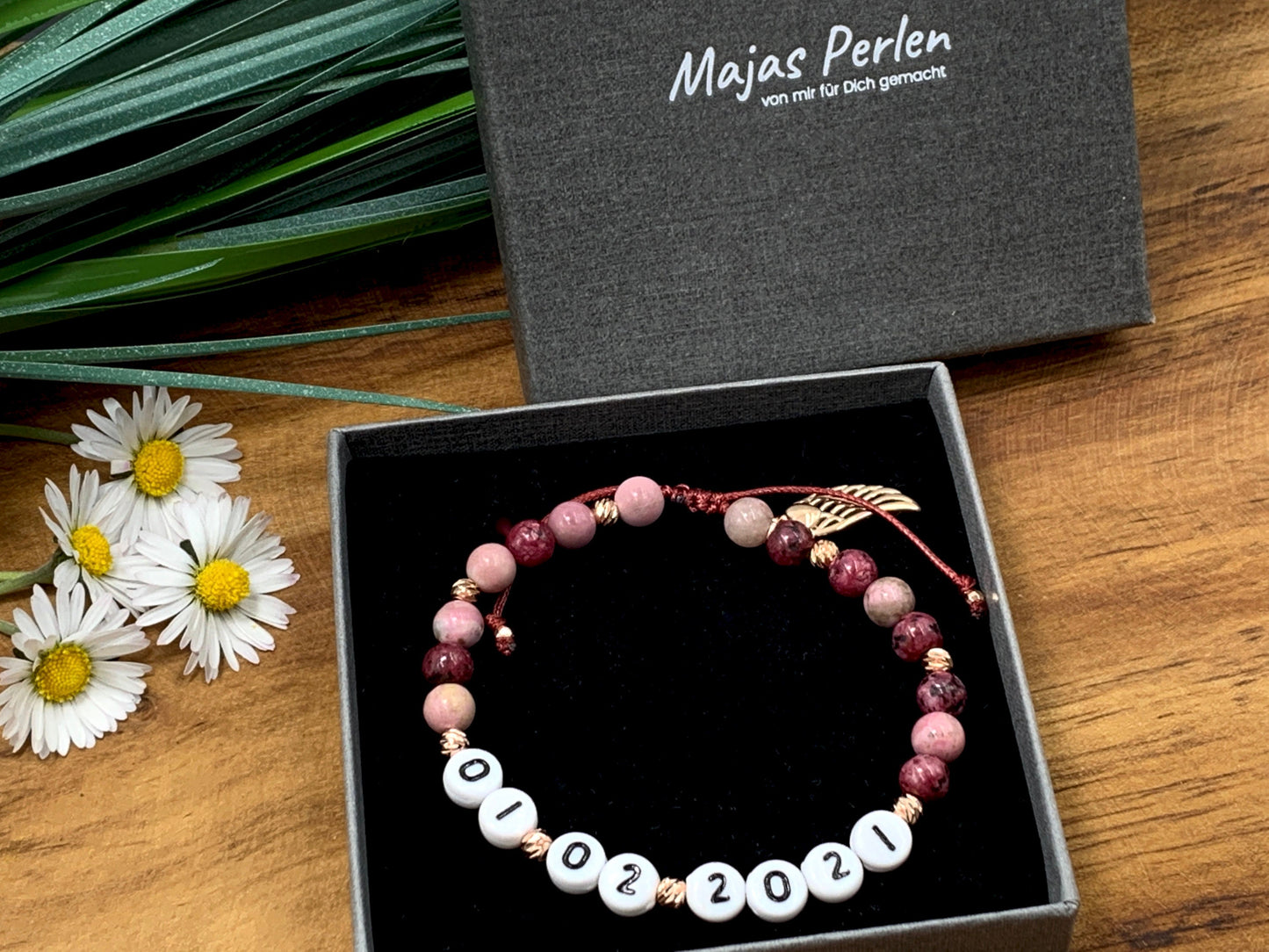 Perlenarmband Rhodonit Achat Makramee Perlen Roségold Vergoldet - Wunschdatum Andenken an wichtiges Datum Geschenk Geburt Hochzeit Liebe