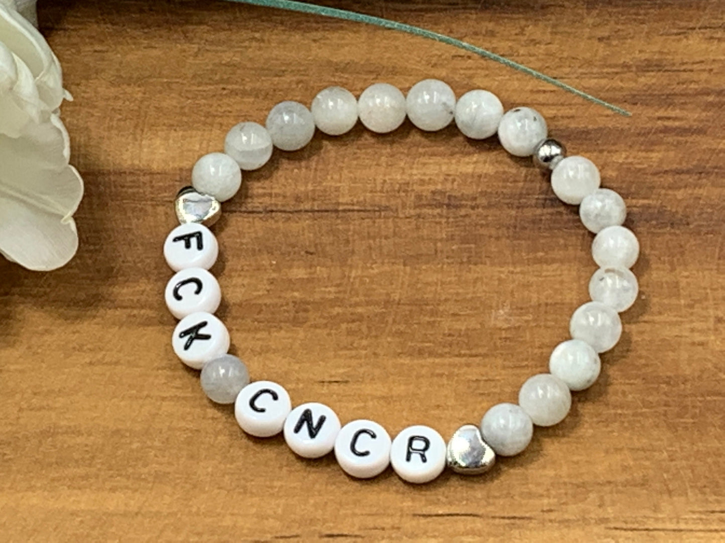 Armband Fuck Cancer Mondstein Herz Platiniert - Geschenk Aufmunterung Diagnose Krebs Schutzstein Genesungswunsch - viele Edelsteine