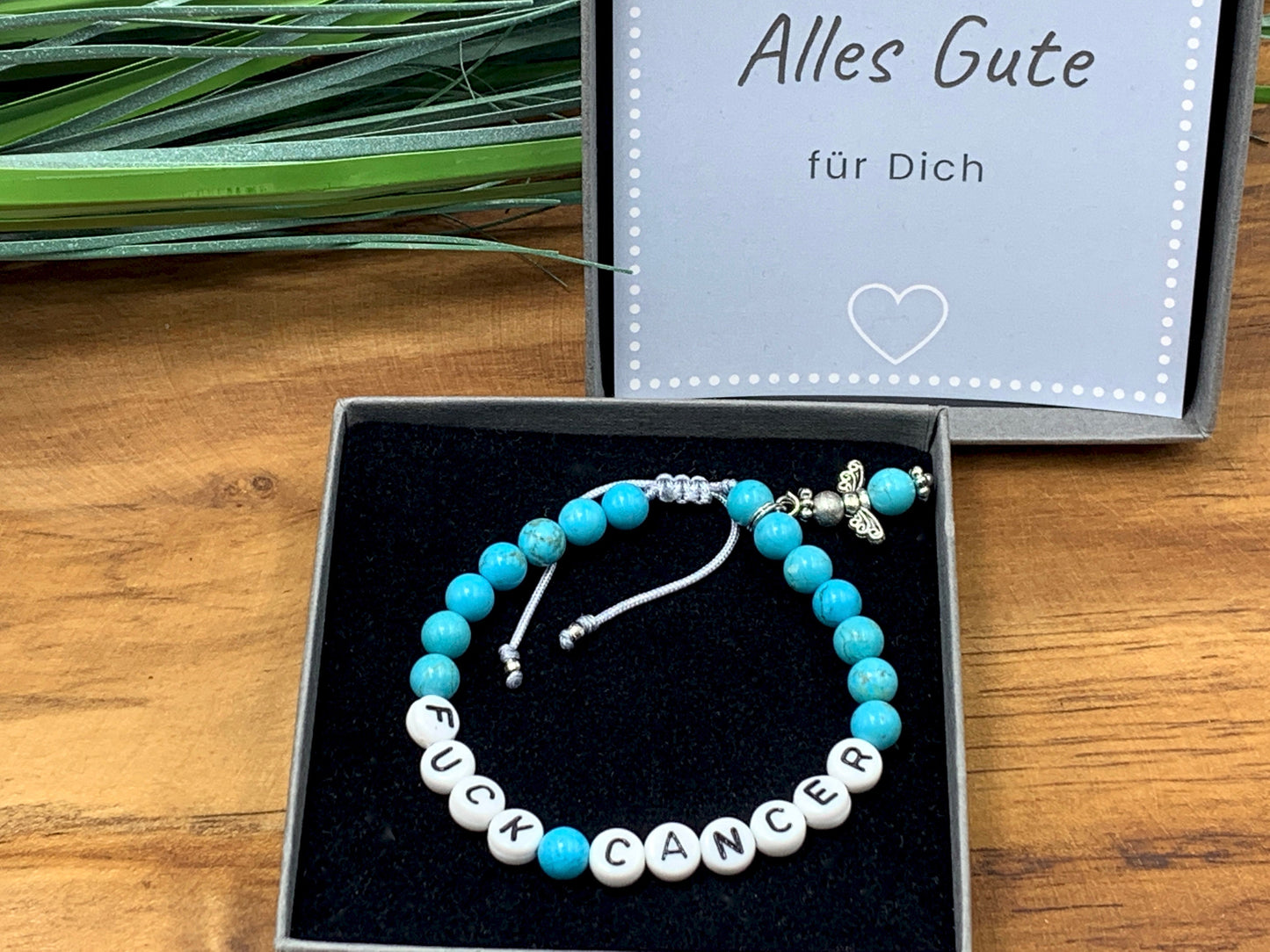 Armband Fuck Cancer Türkis Makramee verstellbar - Glücksarmband Diagnose Krebs Genesungswunsch - Wunschedelstein - personalissierbar