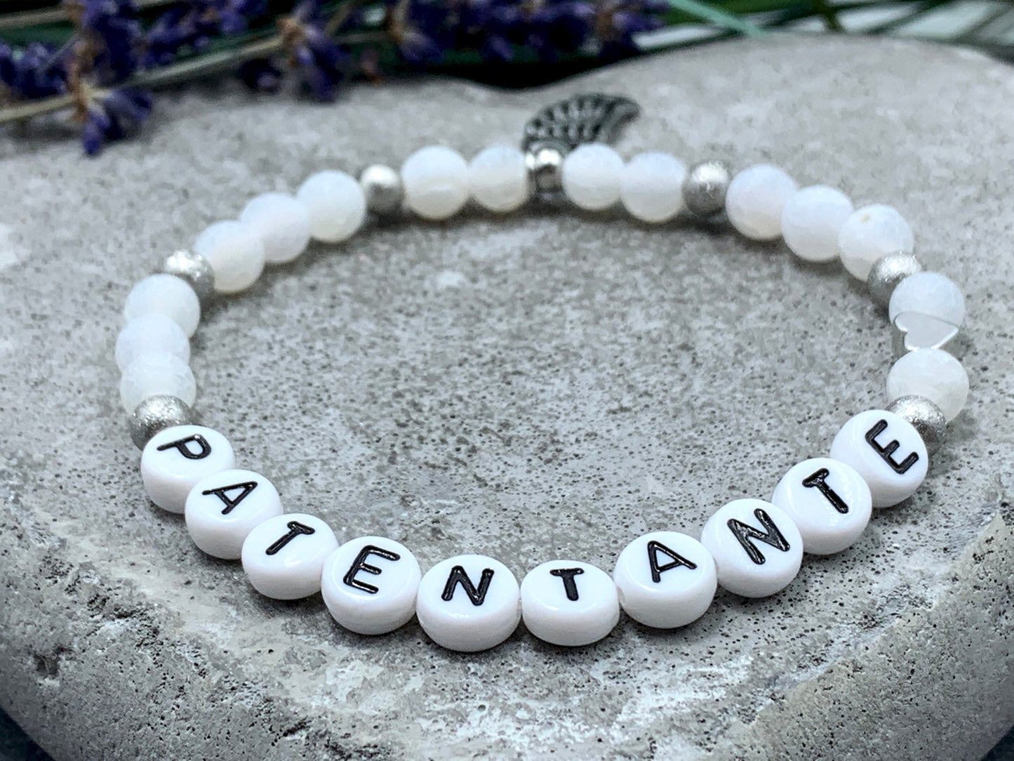 Armband Patentante Achat weiß Herz  Platiniert - Willst du meine Patin sein - Geschenk Patenschaft Andenken Taufe - Wunschedelstein