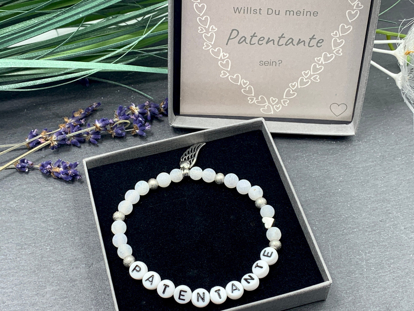 Armband Patentante Achat weiß Herz  Platiniert - Willst du meine Patin sein - Geschenk Patenschaft Andenken Taufe - Wunschedelstein