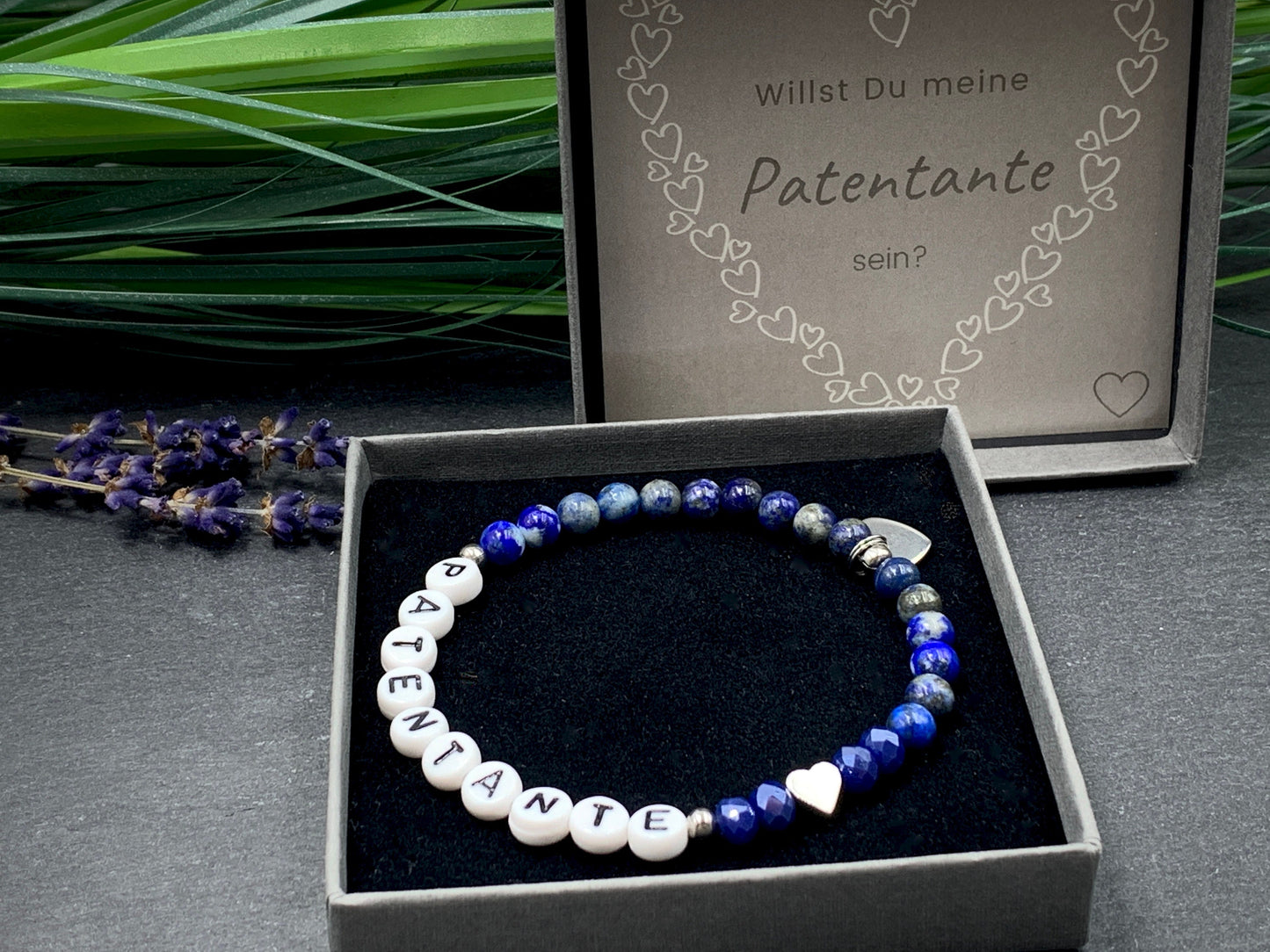 Armband Patentante Lapislazuli Herz platiniert - Perlenarmband Taufe Geschenk Frage Patenschaft Andenken Taufgeschenk - viele Edelsteine