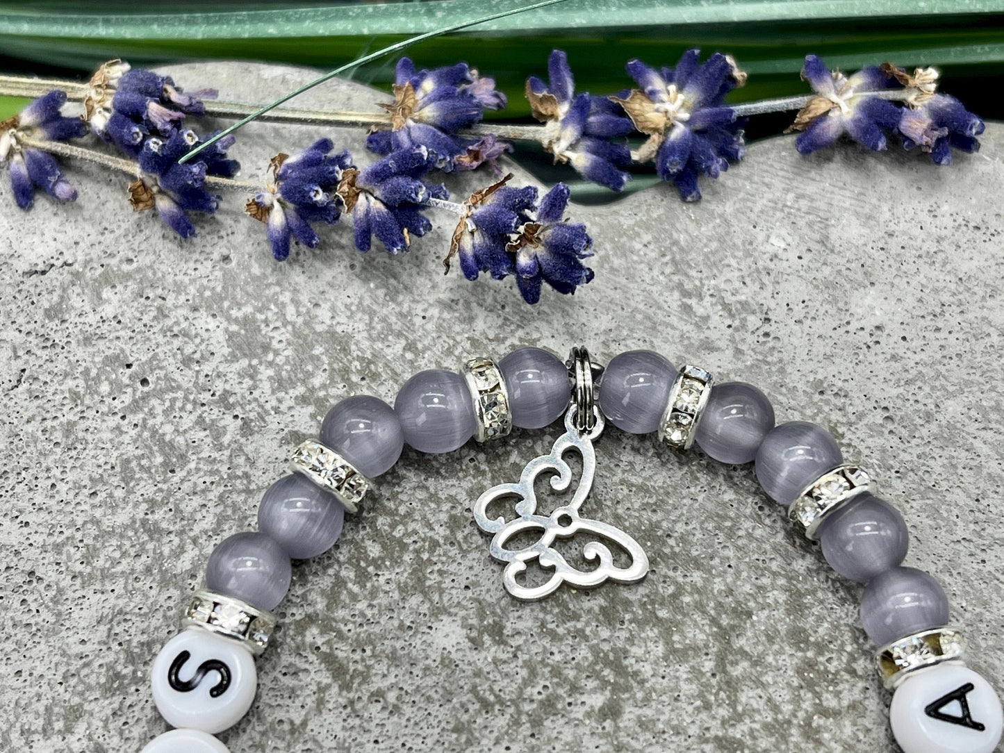 Armband Schulkind Mädchen Cateyeperlen Strassrondelle Flieder - Glückbringer Perlenarmband erster Schultag Einschulung - personalisierbar