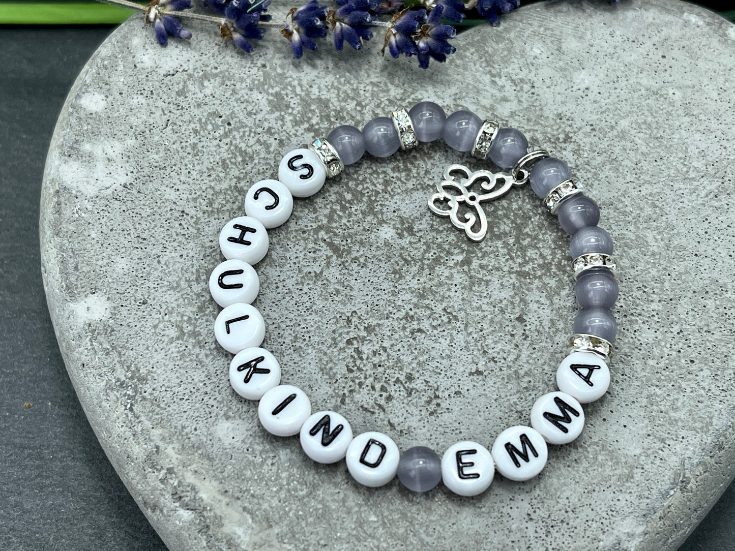 Armband Schulkind Mädchen Cateyeperlen Strassrondelle Flieder - Glückbringer Perlenarmband erster Schultag Einschulung - personalisierbar