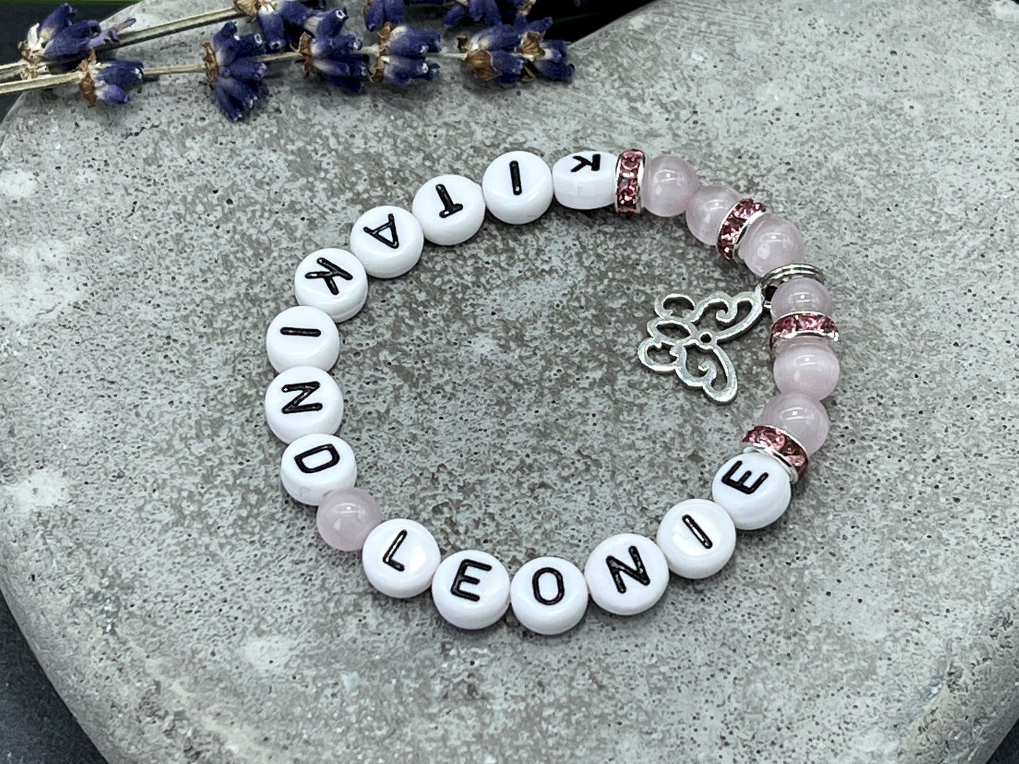 Perlenarmband Kitakind - Cateyeperlen Strassrondelle Rosa - erster Kitatag - rosa flieder weiß - Geschenk für Kinder Mädchen - anpassbar