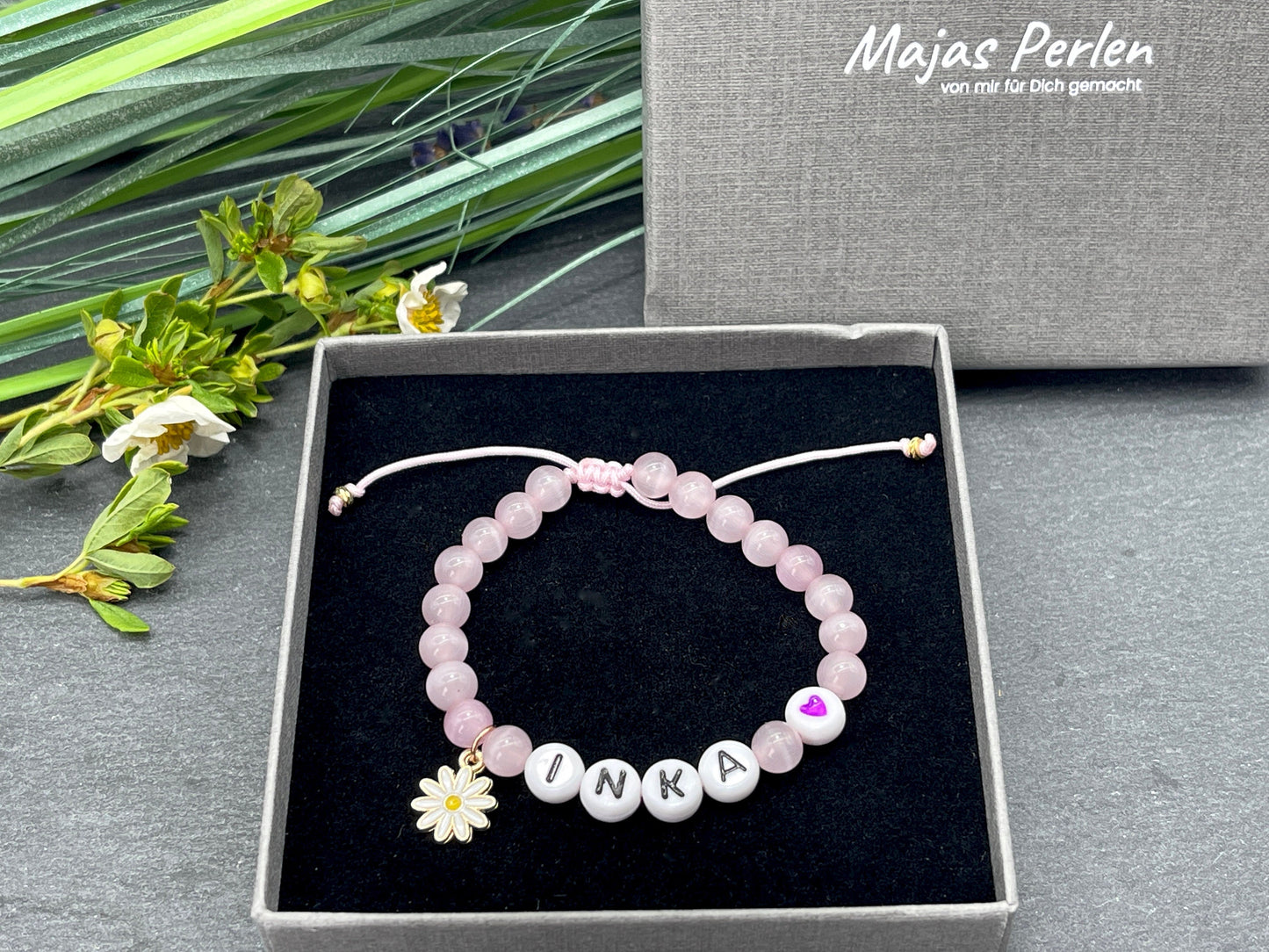 Armband Inka Cateyeperlen Rosa Makramee Geschenk Mädchen - Namensarmband viele Farben personalisierbar KInderarmband Babyarmband zur Geburt