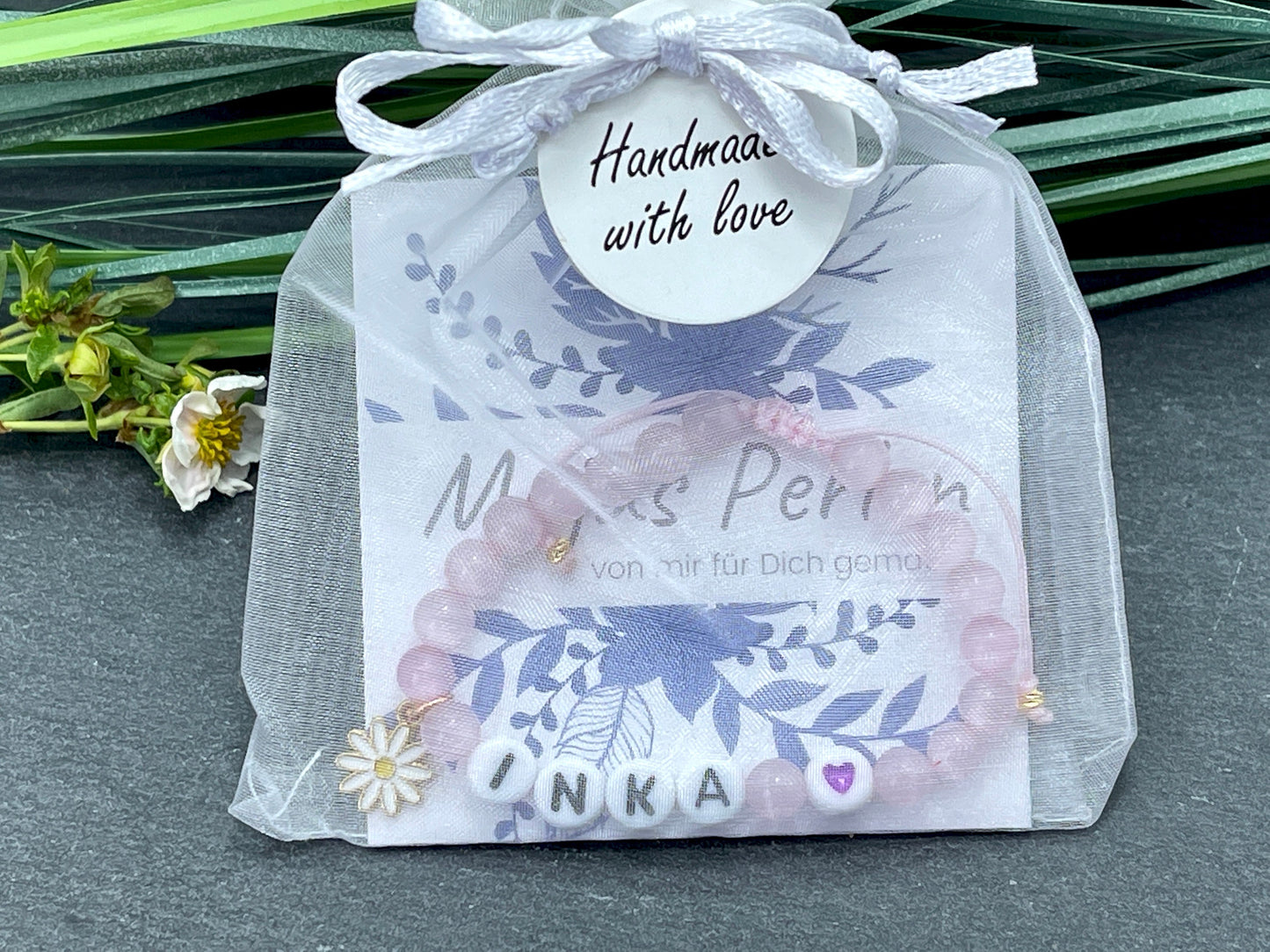 Armband Inka Cateyeperlen Rosa Makramee Geschenk Mädchen - Namensarmband viele Farben personalisierbar KInderarmband Babyarmband zur Geburt