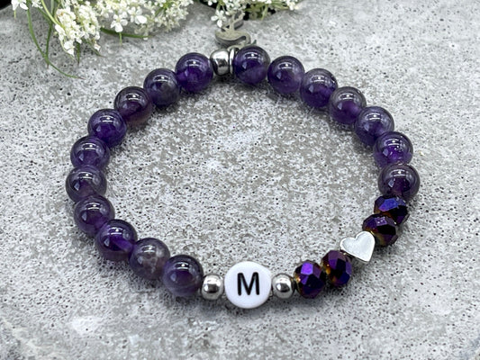 Armband Initialen Amethyst echte Naturperlen Herz platiniert - Namensarmband Geschenk Liebe Mama Lieblingsmensch Geburt - personalisierbar