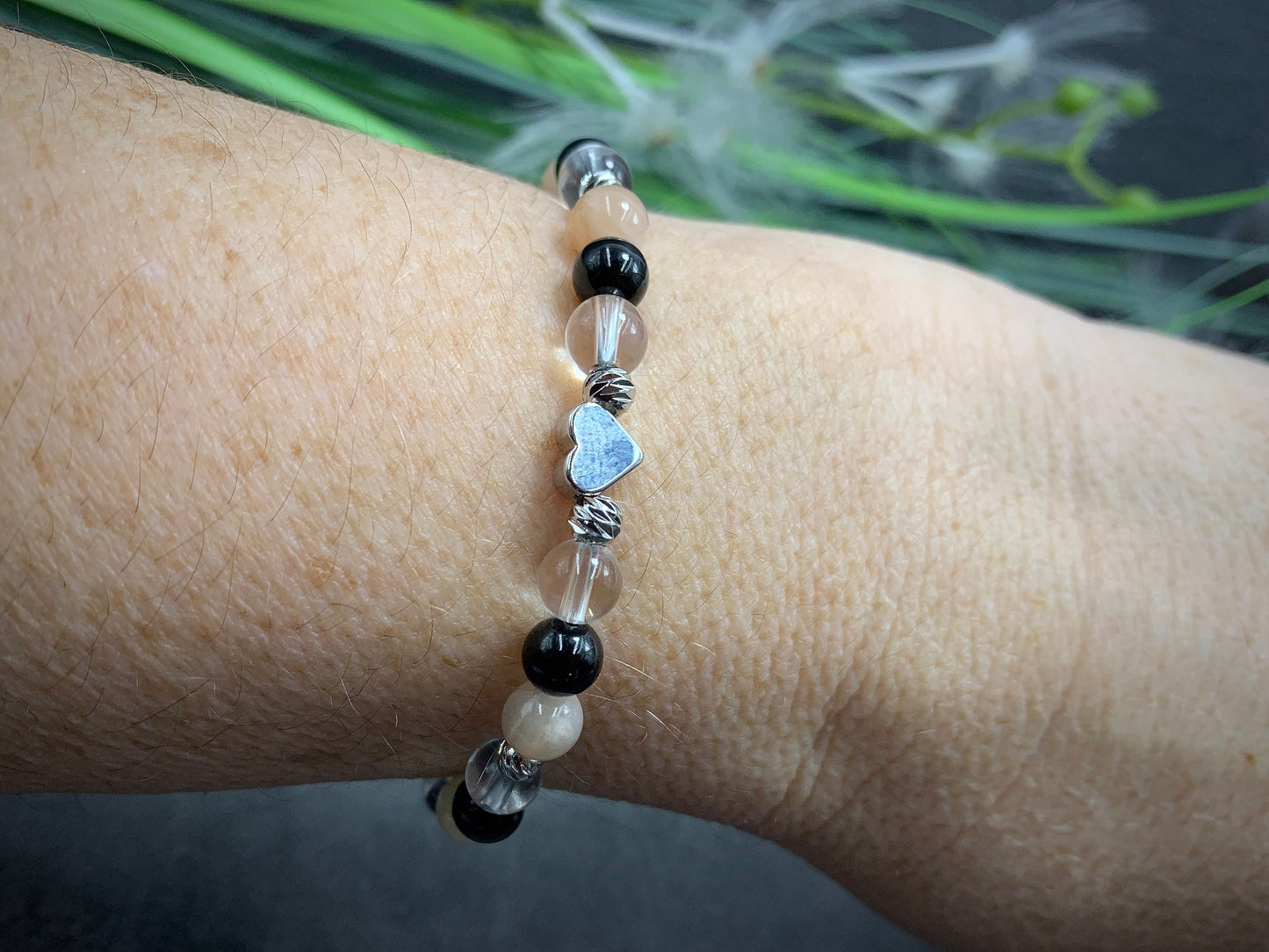 Armband Turmalin Bergkristall Sonnenstein Perlen echt platiniert - Schmuck positive Energie Optimismus - Geschenk Lieblingsmensch Freundin