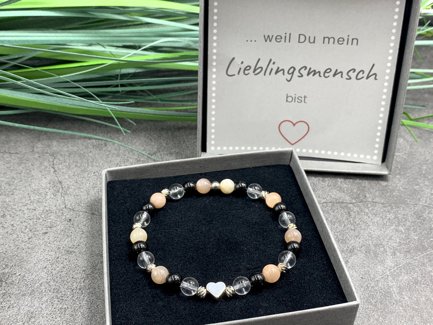 Armband Turmalin Bergkristall Sonnenstein Perlen echt platiniert - Schmuck positive Energie Optimismus - Geschenk Lieblingsmensch Freundin