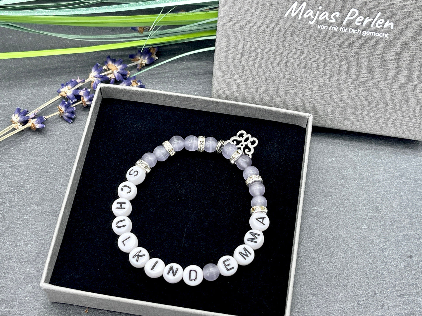 Armband Schulkind Mädchen Cateyeperlen Strassrondelle Flieder - Glückbringer Perlenarmband erster Schultag Einschulung - personalisierbar