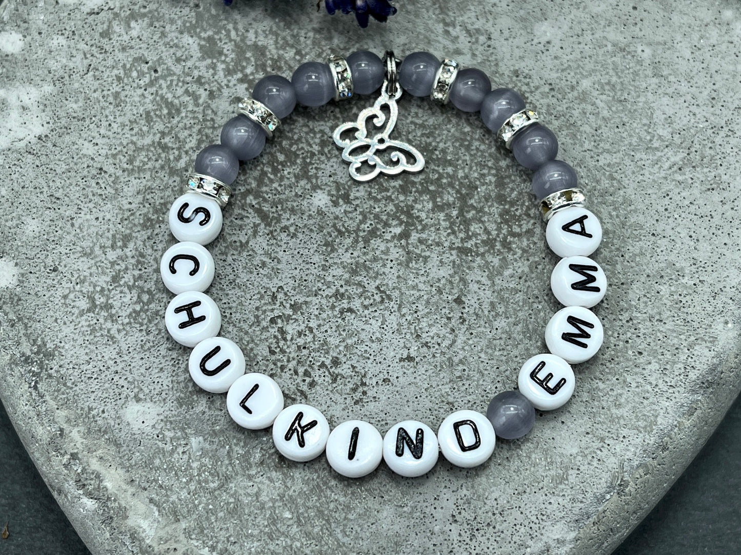 Armband Schulkind Mädchen Cateyeperlen Strassrondelle Flieder - Glückbringer Perlenarmband erster Schultag Einschulung - personalisierbar