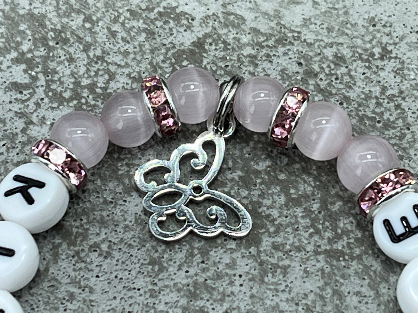 Perlenarmband Kitakind - Cateyeperlen Strassrondelle Rosa - erster Kitatag - rosa flieder weiß - Geschenk für Kinder Mädchen - anpassbar