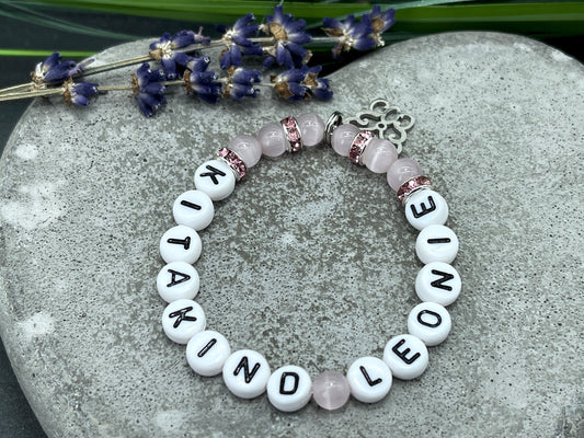 Perlenarmband Kitakind - Cateyeperlen Strassrondelle Rosa - erster Kitatag - rosa flieder weiß - Geschenk für Kinder Mädchen - anpassbar