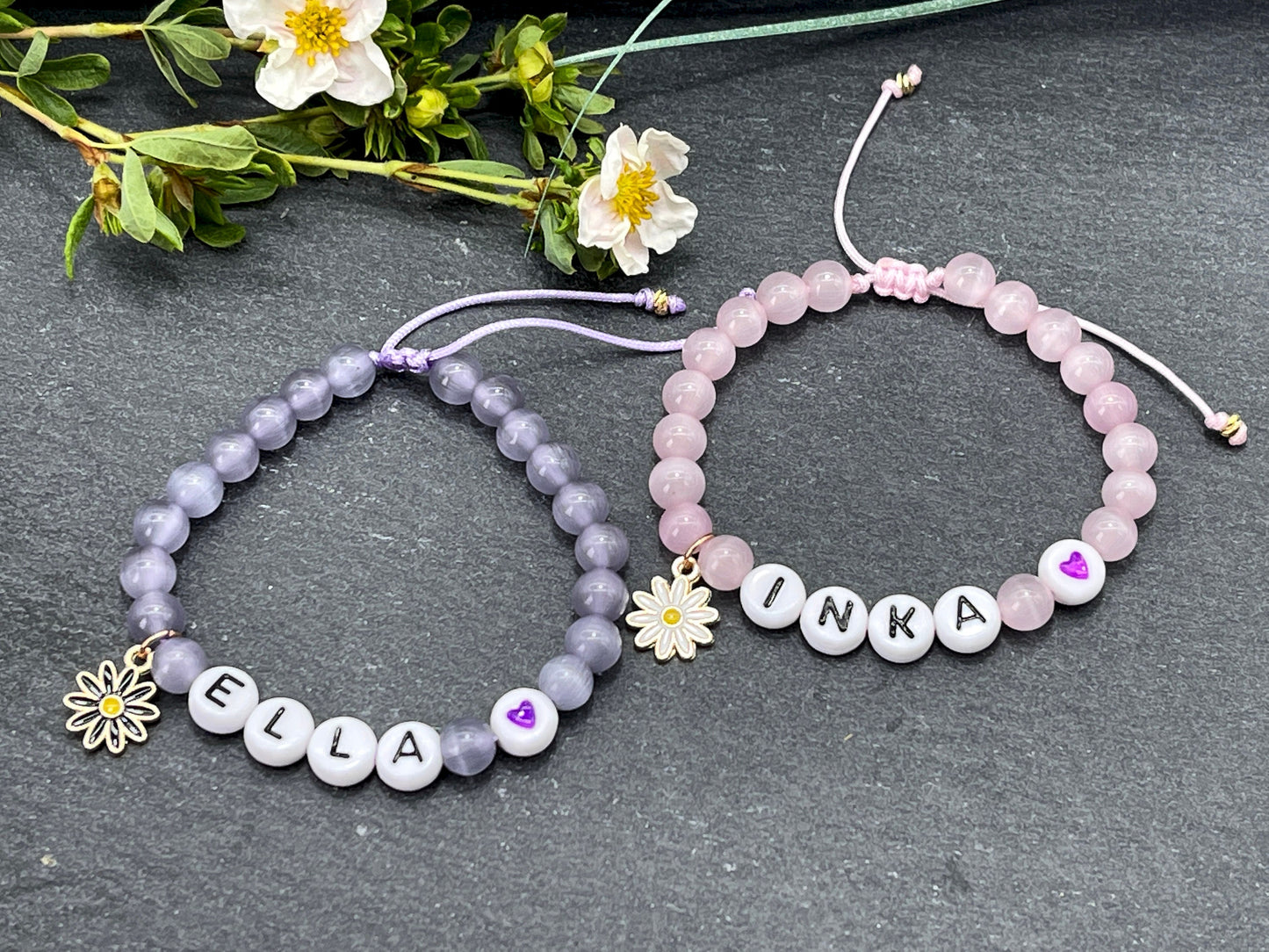 Armband mit Namen Ella Cateyeperlen Flieder Makramee - Geschenk Mädchen - Namensarmband viele Farben personalisierbar KInderarmband Baby