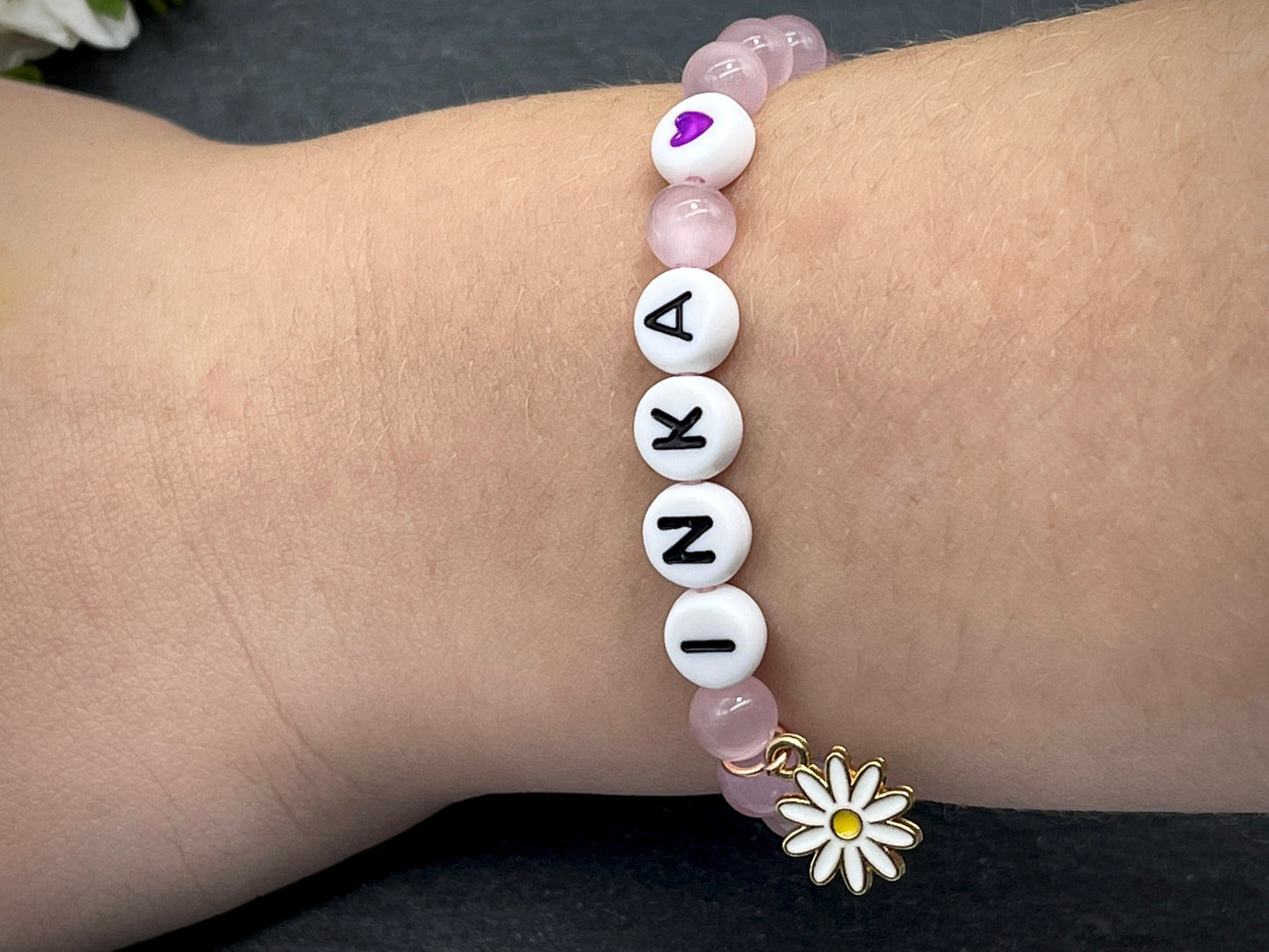 Armband Inka Cateyeperlen Rosa Makramee Geschenk Mädchen - Namensarmband viele Farben personalisierbar KInderarmband Babyarmband zur Geburt