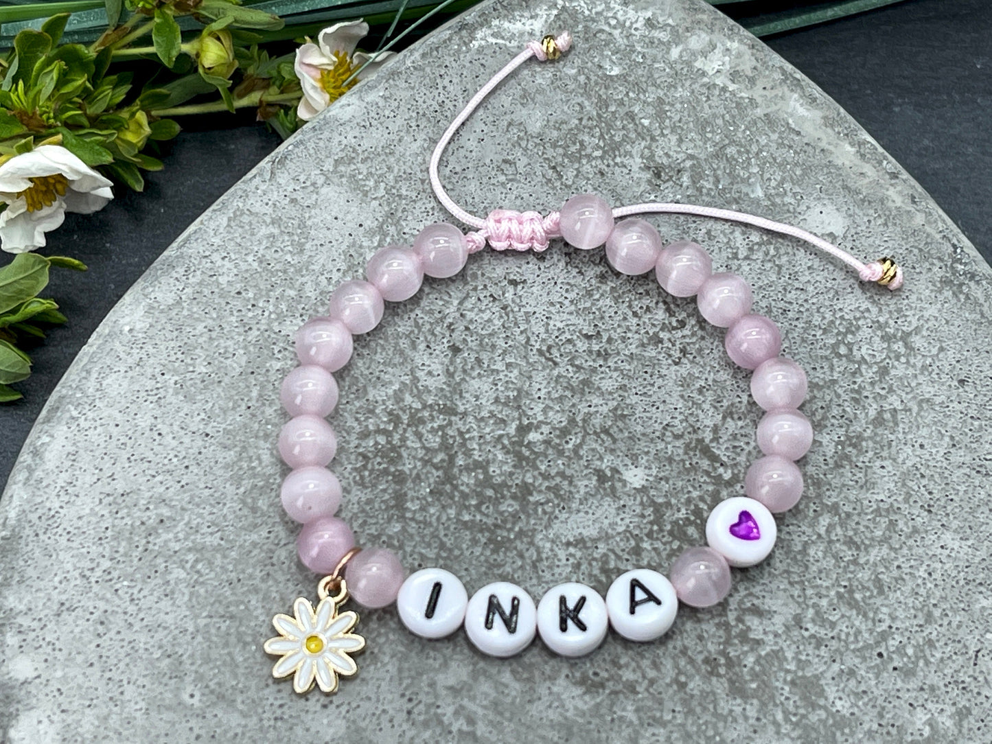 Armband Inka Cateyeperlen Rosa Makramee Geschenk Mädchen - Namensarmband viele Farben personalisierbar KInderarmband Babyarmband zur Geburt