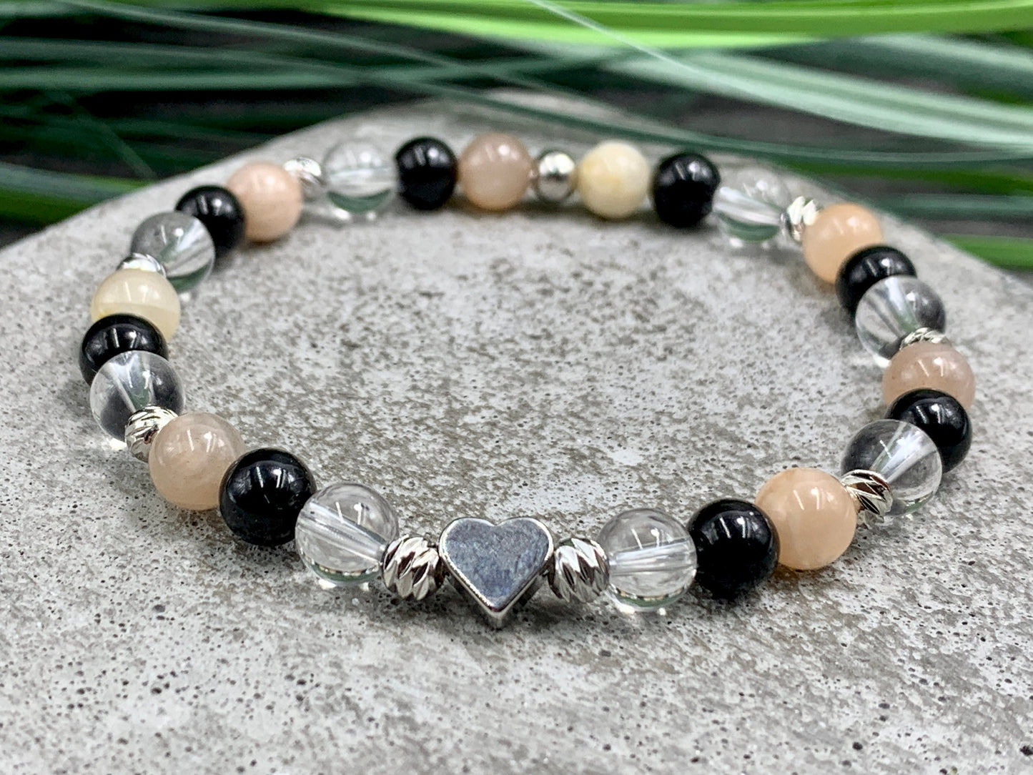 Armband Turmalin Bergkristall Sonnenstein Perlen echt platiniert - Schmuck positive Energie Optimismus - Geschenk Lieblingsmensch Freundin