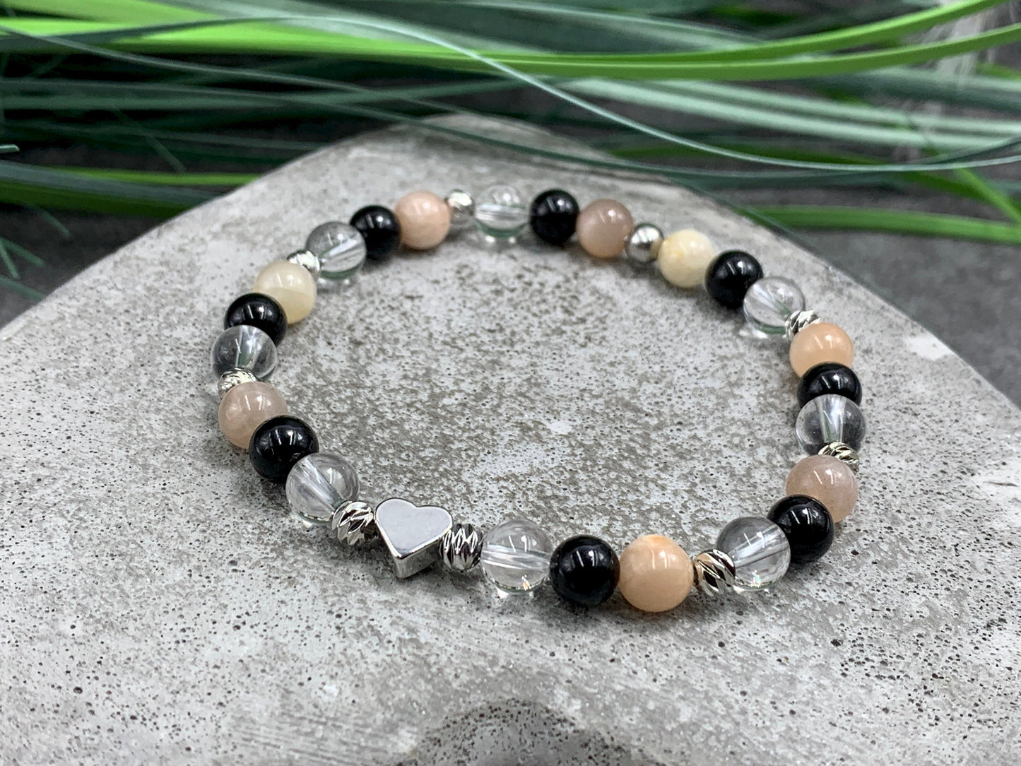 Armband Turmalin Bergkristall Sonnenstein Perlen echt platiniert - Schmuck positive Energie Optimismus - Geschenk Lieblingsmensch Freundin