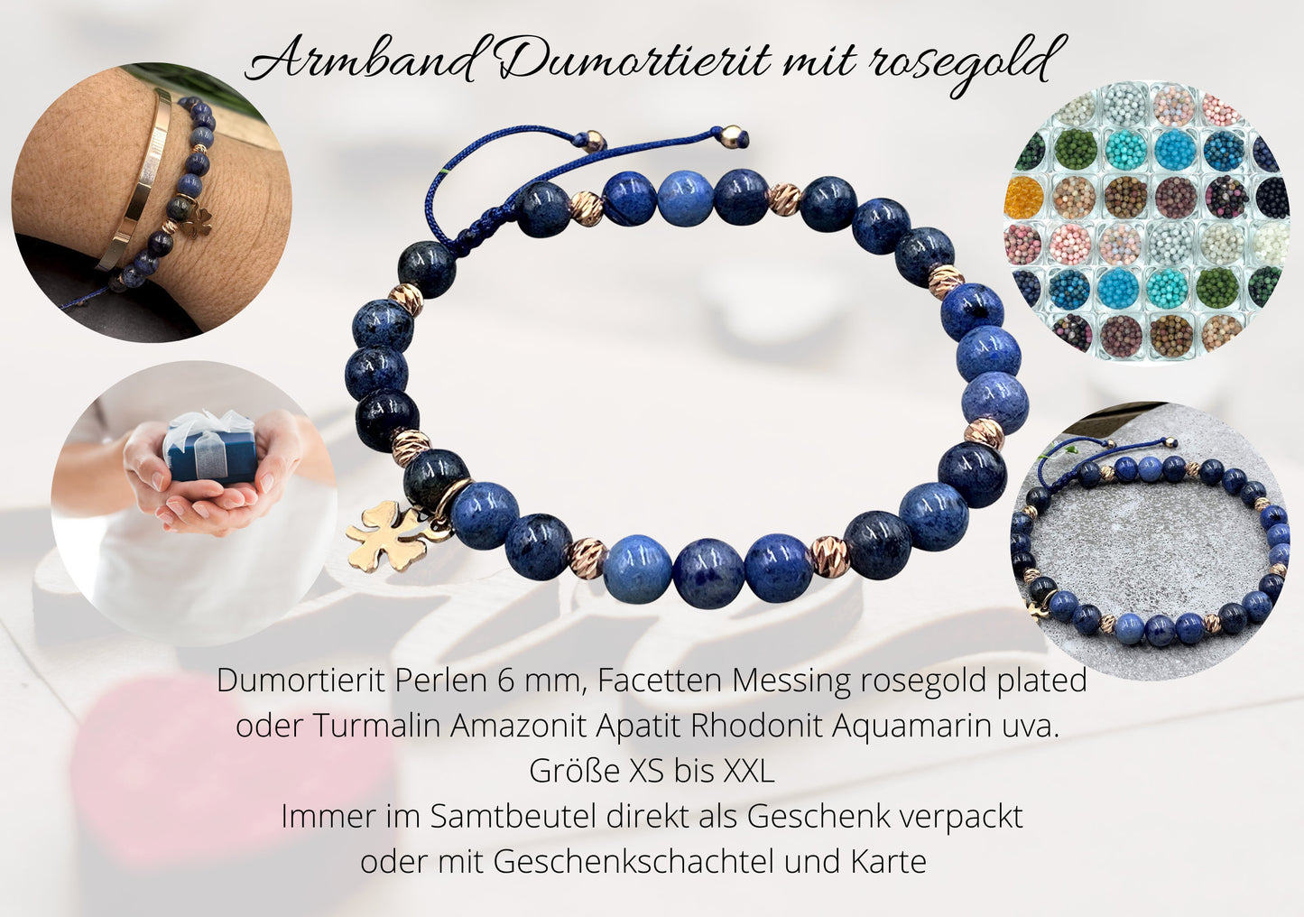 Armband Dumortierit Makramee Größe einstellbar - Perlen Roségold plated - Perlenarmband Naturstein echt - personalisierbar viele Edelsteine