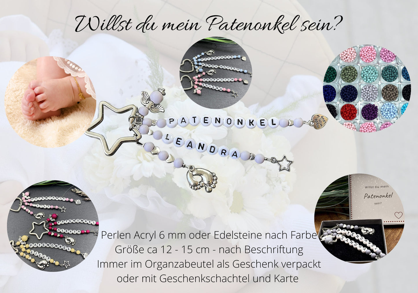 Schlüsselanhänger Patenonkel Grau Perlen Acryl 6 mm - Edelsteine möglich - Geschenk für Paten und Taufe Patenschaft - Größe ca. 15 cm