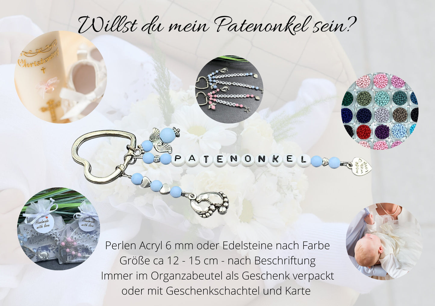 Schlüsselanhänger Patenonkel Acryl Hellblau - Geschenk Frage Patenschaft Taufgeschenk - Acryl oder Edelsteine wählbar - personalisierbar