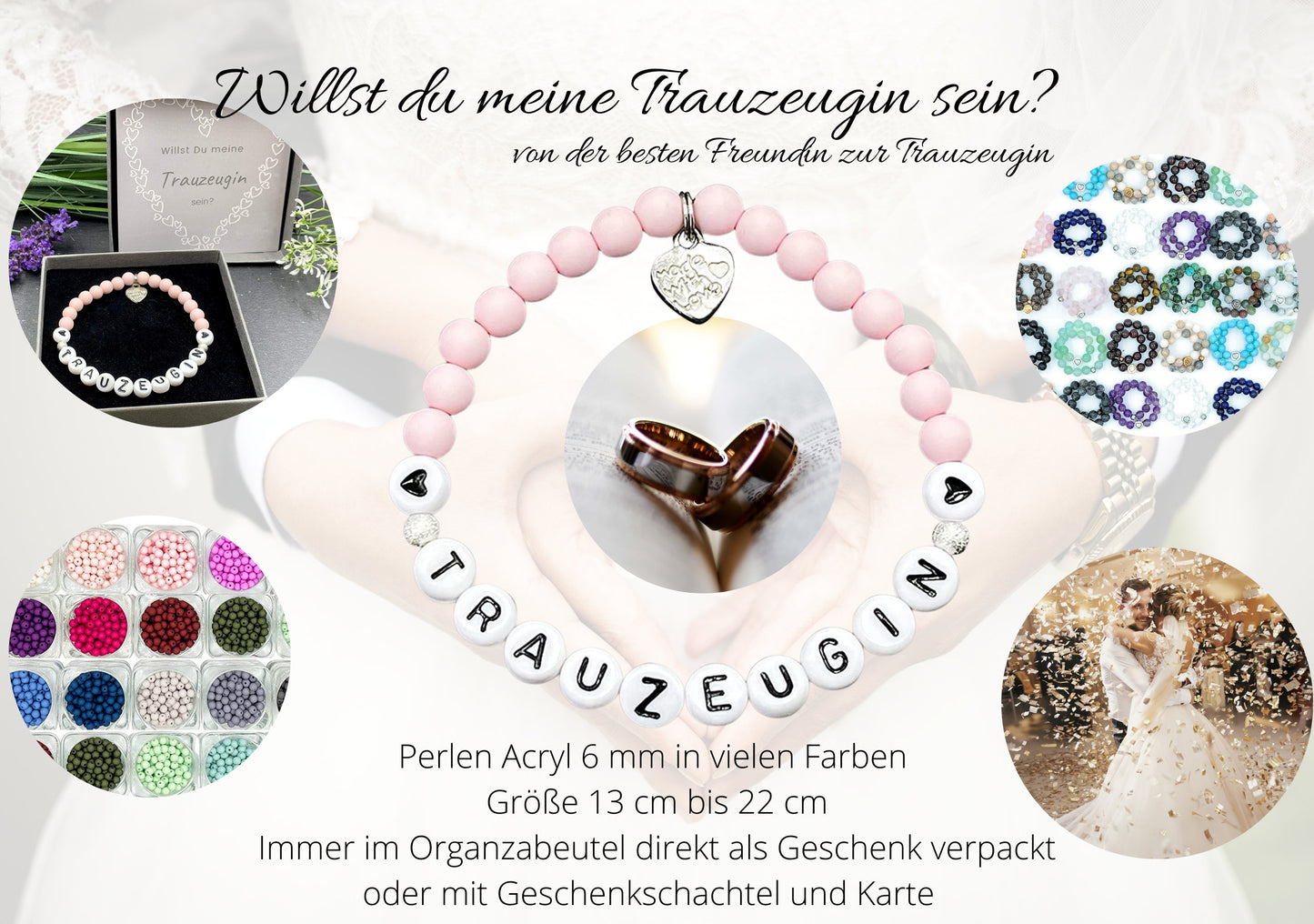 Armband Trauzeugin Zartrosa - Acryl Perlen 6 mm - Willst du meine Trauzeugin sein? - Geschenk Team Braut und JGA - Farbe wählbar