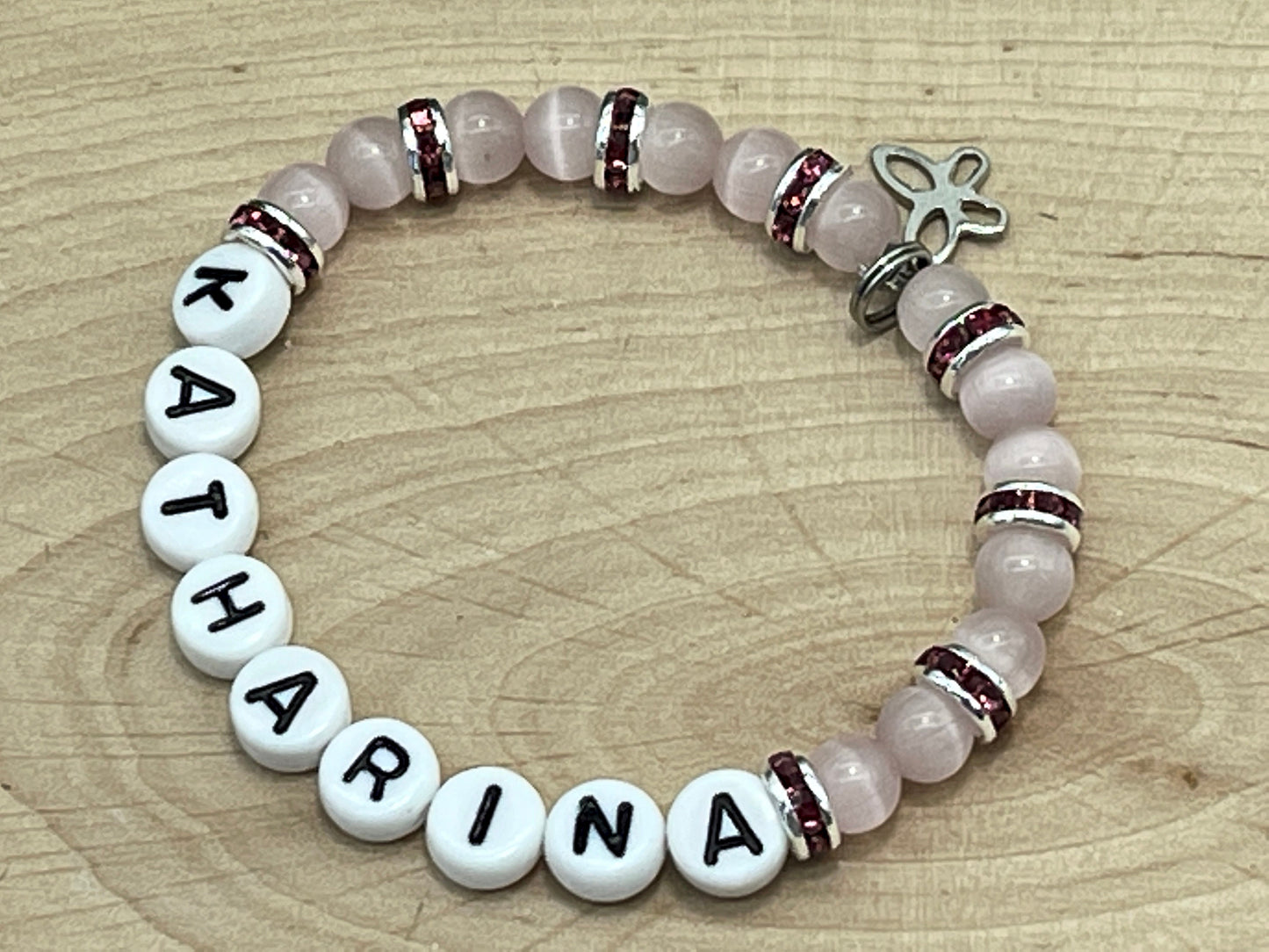 Perlenarmband Mädchen Name Cateyeperlen Strassrondelle Rosa - Geschenk Mädchen - Namensarmband viele Farben personalisierbar Kinderarmband