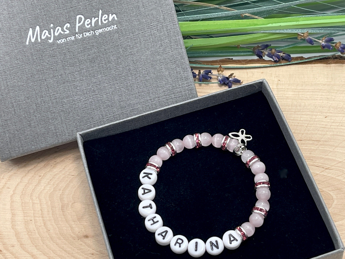 Perlenarmband Mädchen Name Cateyeperlen Strassrondelle Rosa - Geschenk Mädchen - Namensarmband viele Farben personalisierbar Kinderarmband
