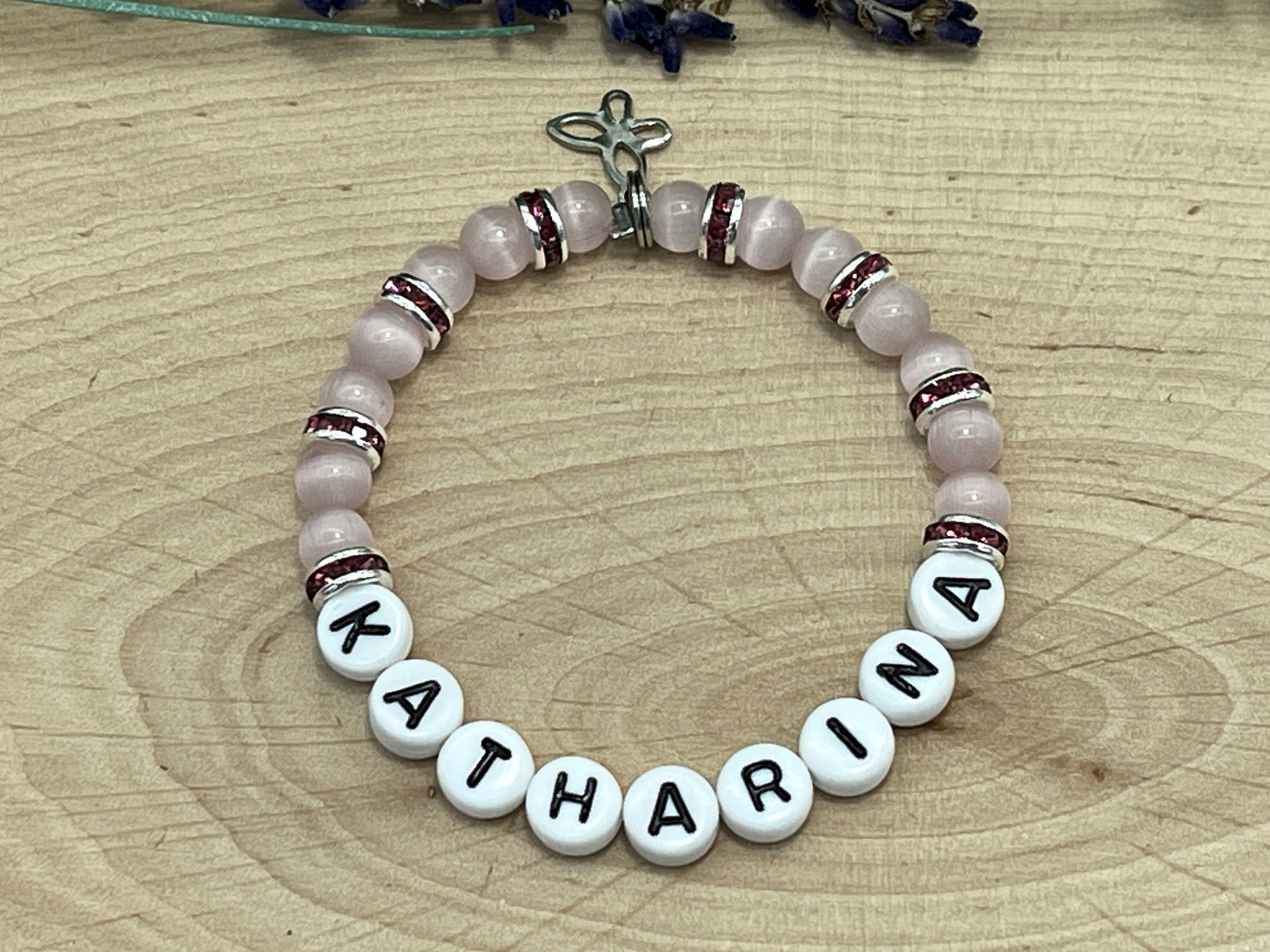 Perlenarmband Mädchen Name Cateyeperlen Strassrondelle Rosa - Geschenk Mädchen - Namensarmband viele Farben personalisierbar Kinderarmband