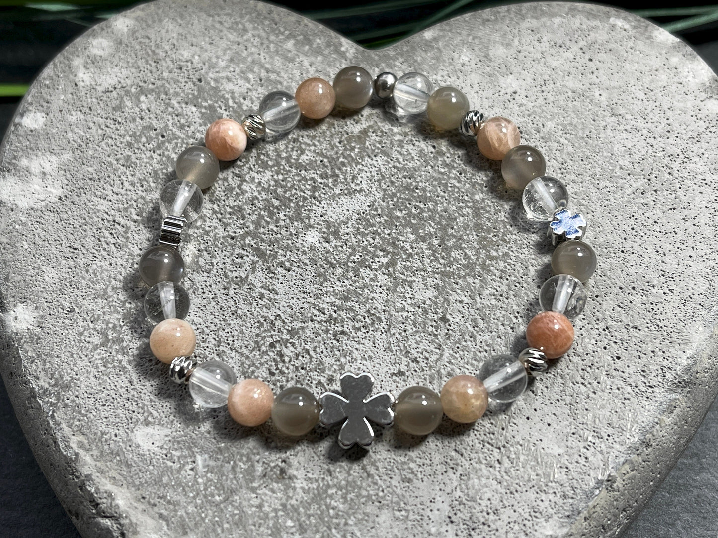 Armband schwarzer Mondstein Bergkristall Sonnenstein - Perlen echt Platiniert - Weibliche Intuition Lebensfreude Energie - Glücksarmband