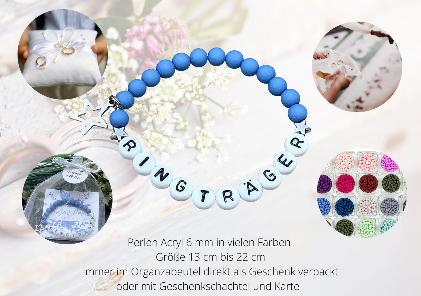 Armband Ringträger Blau Acryl 6 mm - Geschenk Ringkind Ringmädchen Kerzenkind Kerzenjunge - viele Farben - personalisierbar