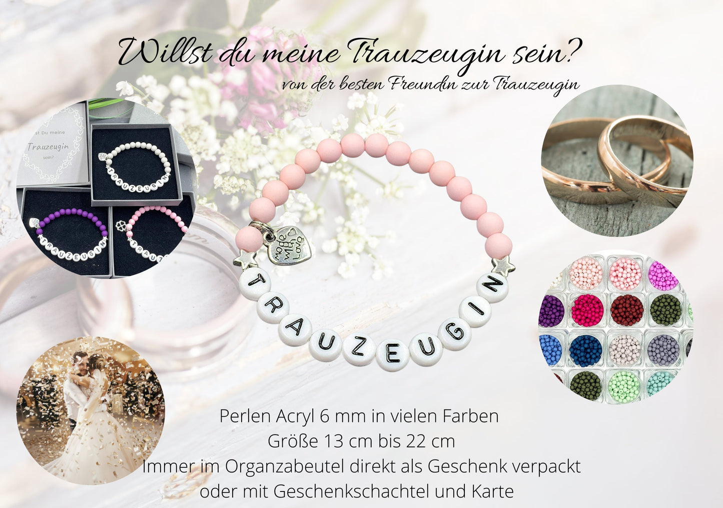 Armband Trauzeugin Zartrosa Acryl Perlen 6 mm - Perlenarmband rund um Hochzeit und JGA - Willst du meine Trauzeugin sein? - Wunschfarbe