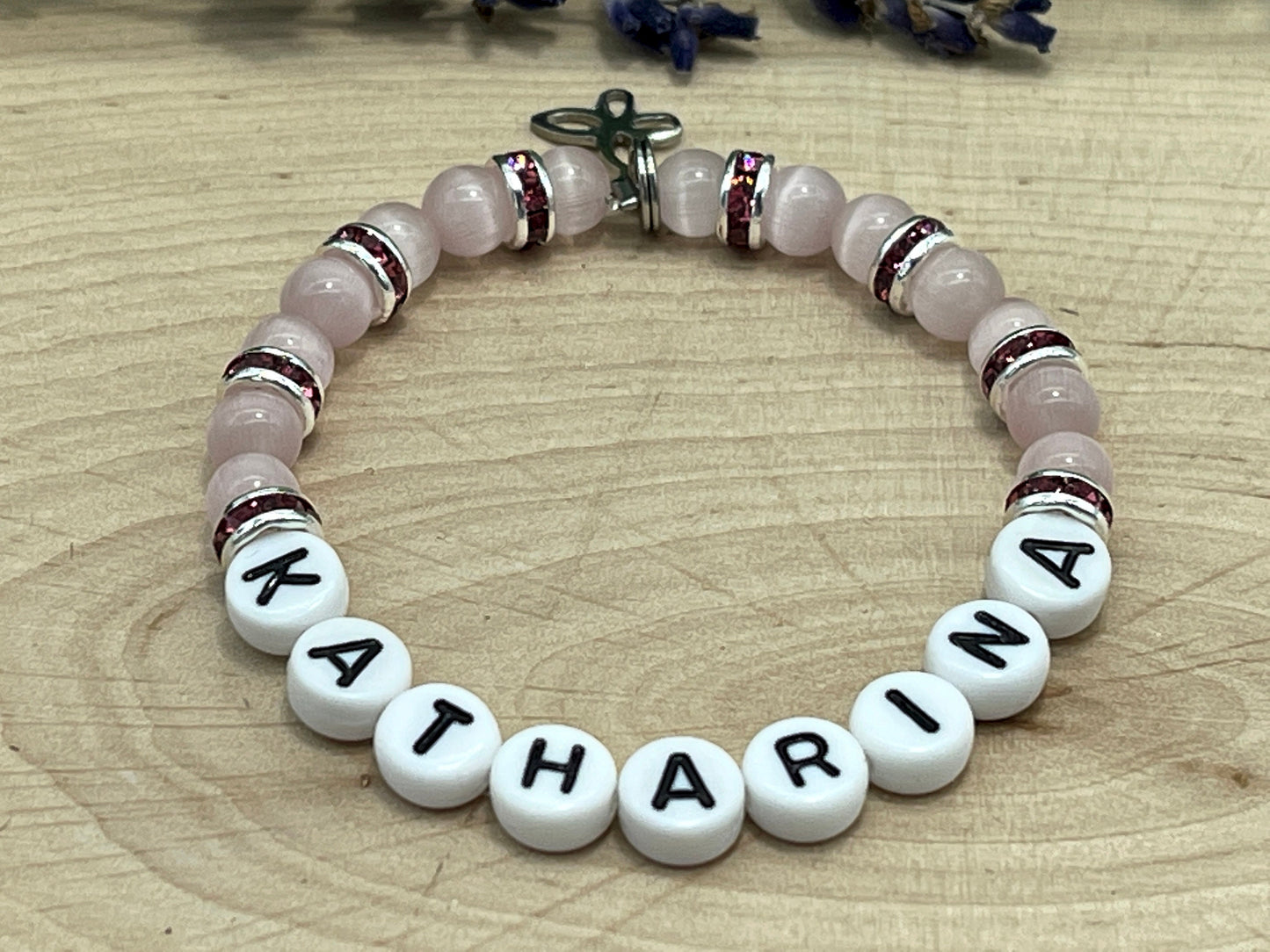 Perlenarmband Mädchen Name Cateyeperlen Strassrondelle Rosa - Geschenk Mädchen - Namensarmband viele Farben personalisierbar Kinderarmband